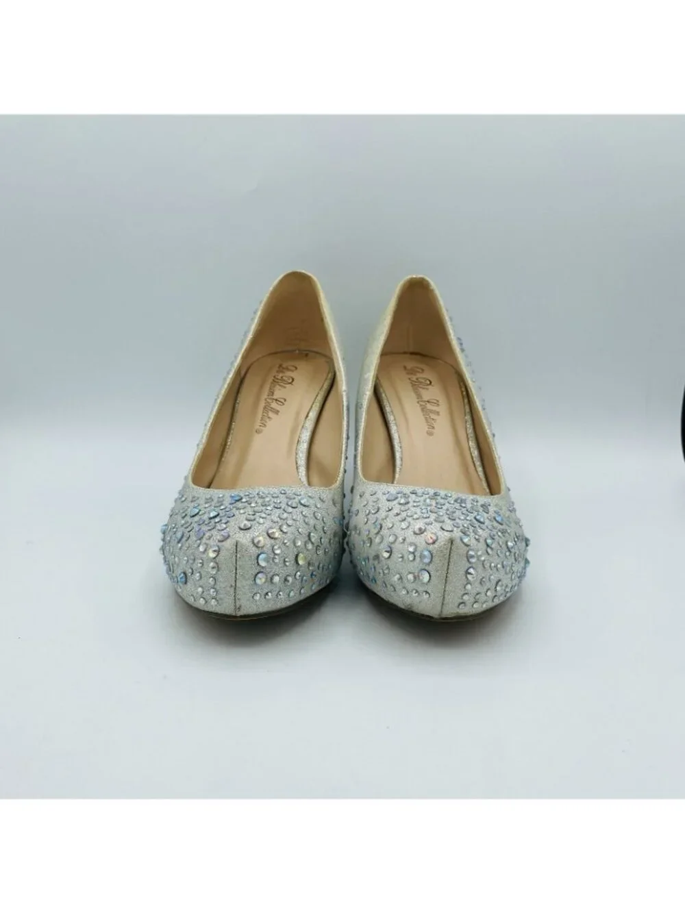 De Blossom Collection Shoes Womens Size 8 Silver Rhinestone Studded Roma Heels